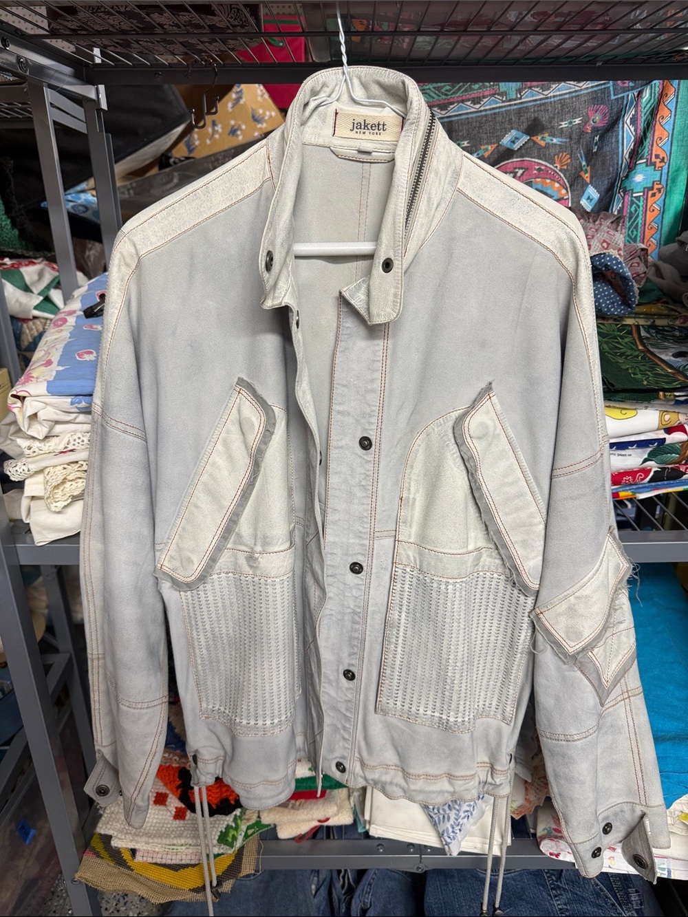 Jakett New York XS Light Blue Gray Genuine Leather Utility Moto Jacket